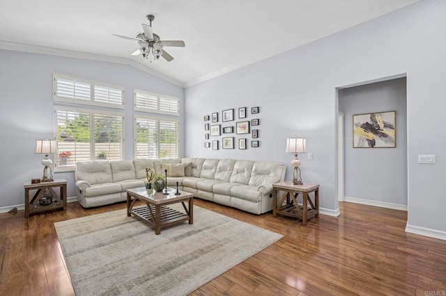 31920 Pasos Pl, Temecula, CA 92591 - living area with vaulted ceiling, ceiling fan, crown molding, and dark wood-style flooring