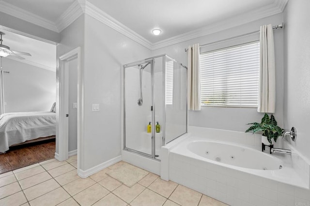 31920 Pasos Pl, Temecula, CA 92591 - bathroom with a shower stall, a whirlpool tub, tile patterned floors, ensuite bathroom, and crown molding