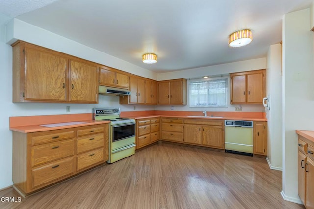 4190 Ojai Rd, Santa Paula, CA 93060 - kitchen with white appliances, under cabinet range hood, light wood-style floors, and light countertops