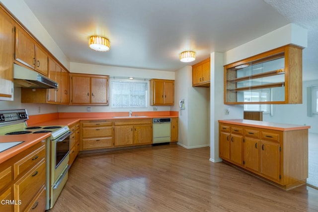 4190 Ojai Rd, Santa Paula, CA 93060 - kitchen featuring white appliances, under cabinet range hood, light wood-style flooring, and light countertops