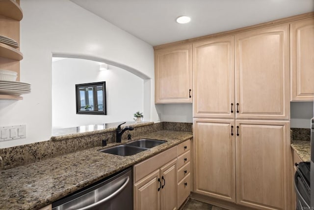 3890 Nobel Dr Unit 1505, San Diego, CA 92122 - kitchen featuring light brown cabinets, dishwasher, open shelves, stone countertops, and recessed lighting
