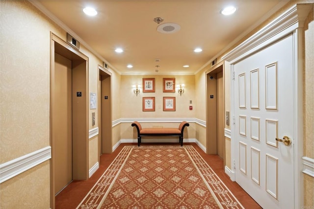 3890 Nobel Dr Unit 1505, San Diego, CA 92122 - hall featuring ornamental molding, elevator, and recessed lighting