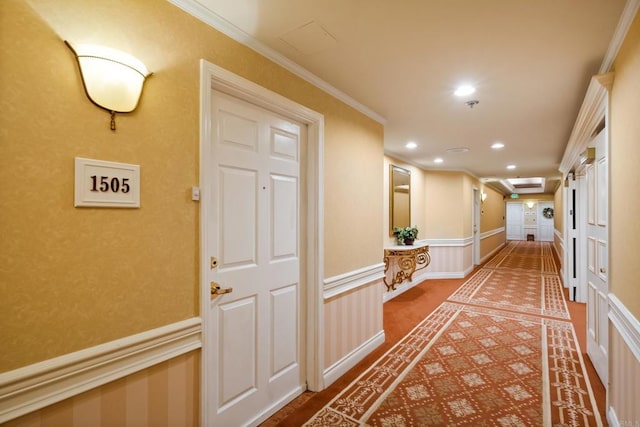 3890 Nobel Dr Unit 1505, San Diego, CA 92122 - hall with recessed lighting, ornamental molding, a decorative wall, and wainscoting