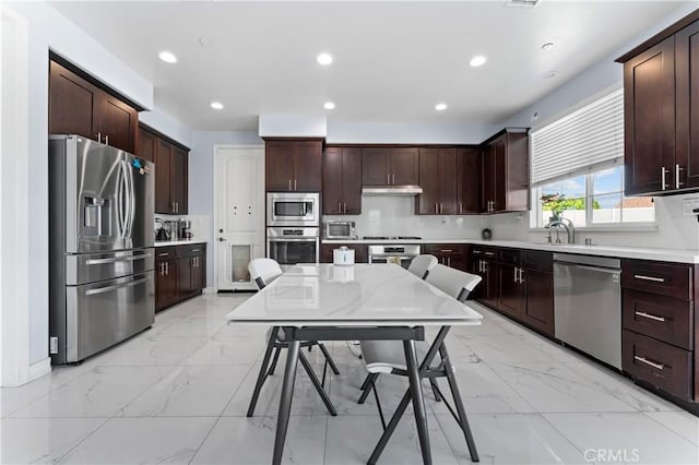1600 Liv Ct, Redlands, CA 92374 - kitchen with stainless steel appliances, light marble finish flooring, under cabinet range hood, dark brown cabinets, and recessed lighting