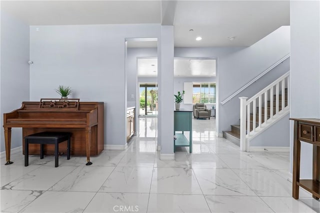 1600 Liv Ct, Redlands, CA 92374 - entrance foyer featuring baseboards, light marble finish floors, stairs, and recessed lighting