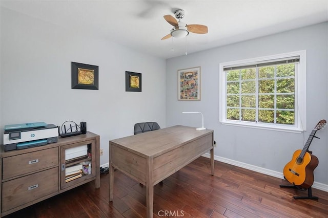 25009 Wintergreen Ct, Stevenson Ranch, CA 91381 - home office with a ceiling fan, baseboards, and dark wood-type flooring
