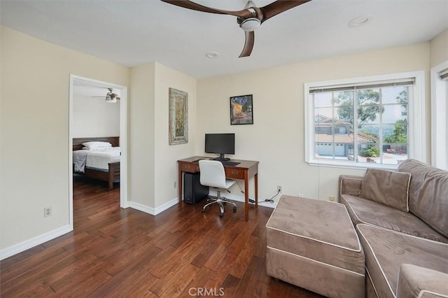 25009 Wintergreen Ct, Stevenson Ranch, CA 91381 - office area with a ceiling fan, dark wood-style flooring, baseboards, and recessed lighting