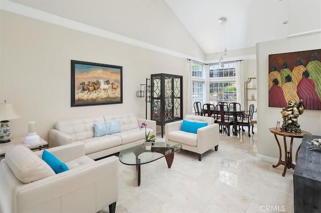 25009 Wintergreen Ct, Stevenson Ranch, CA 91381 - living area featuring high vaulted ceiling and baseboards