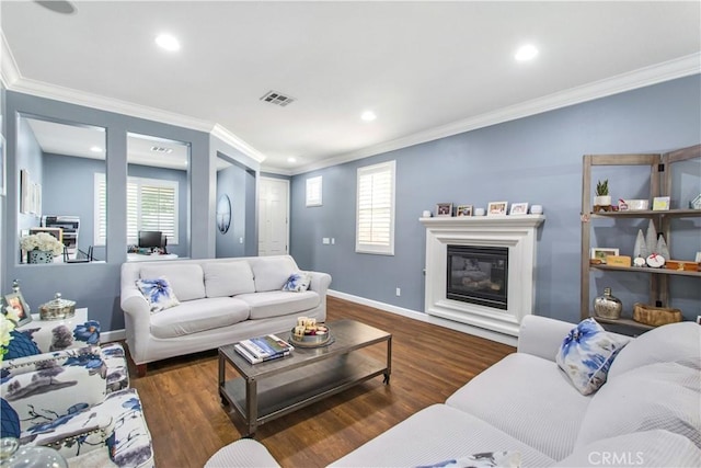 543 Garden Ave, Pomona, CA 91767 - living area featuring crown molding, wood finished floors, recessed lighting, and a glass covered fireplace