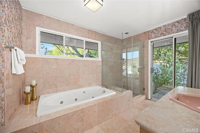 738 Hampton Rd, Arcadia, CA 91006 - bathroom featuring a tub with jets, a stall shower, vanity, and tile patterned flooring