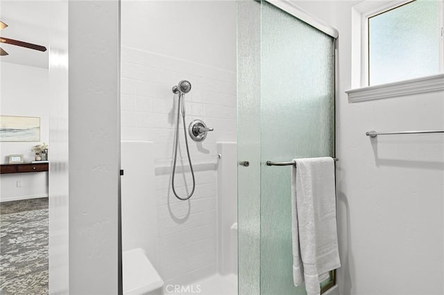 5972 Peck Ln, Paradise, CA 95969 - bathroom with a ceiling fan and a shower stall