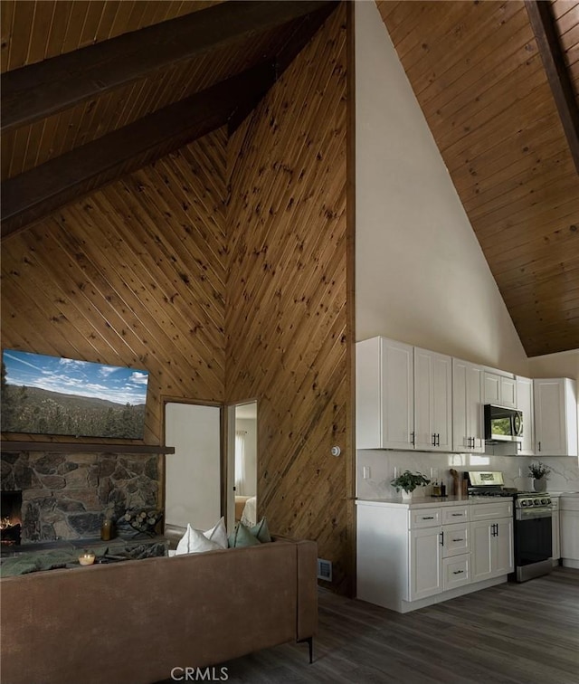 27947 St Bernard Ln, Lake Arrowhead, CA 92352 - living area featuring high vaulted ceiling, wood ceiling with exposed beams, dark wood-style floors, wooden walls, and a fireplace