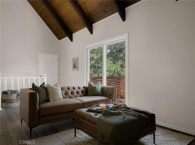 27947 St Bernard Ln, Lake Arrowhead, CA 92352 - living area featuring wood finished floors, high vaulted ceiling, wooden ceiling with exposed beams, and baseboards
