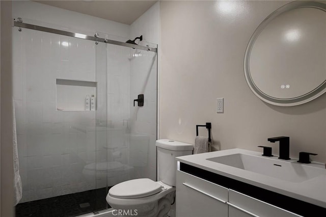 27947 St Bernard Ln, Lake Arrowhead, CA 92352 - bathroom with toilet, a stall shower, and vanity