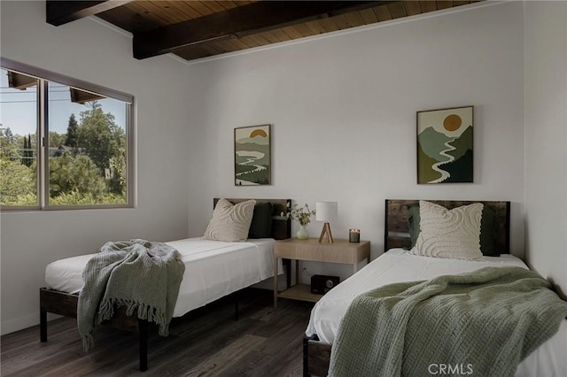 27947 St Bernard Ln, Lake Arrowhead, CA 92352 - bedroom featuring wooden ceiling with exposed beams and dark wood finished floors