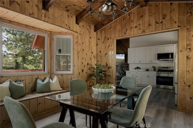 27947 St Bernard Ln, Lake Arrowhead, CA 92352 - dining area featuring wood walls, a chandelier, light wood finished floors, and wooden ceiling