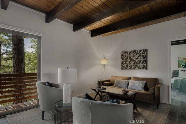 27947 St Bernard Ln, Lake Arrowhead, CA 92352 - living area with wooden ceiling with exposed beams and wood finished floors