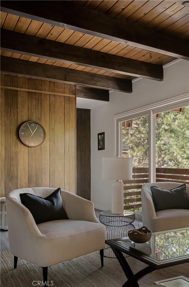 27947 St Bernard Ln, Lake Arrowhead, CA 92352 - living room featuring wood walls, wooden ceiling with exposed beams, and wood finished floors