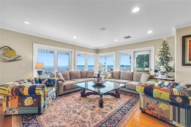6309 Via Colinita, Rancho Palos Verdes, CA 90275 - living room featuring light wood-type flooring, ornamental molding, recessed lighting, and a water view