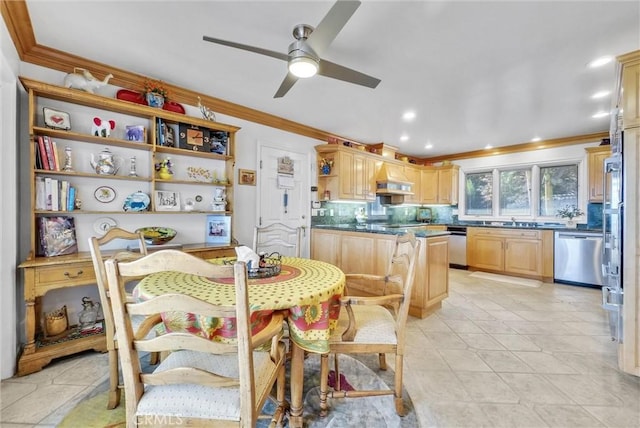 6309 Via Colinita, Rancho Palos Verdes, CA 90275 - dining space with crown molding, a ceiling fan, recessed lighting, and light tile patterned floors
