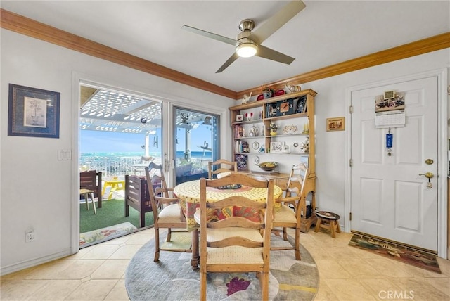 6309 Via Colinita, Rancho Palos Verdes, CA 90275 - dining space featuring ceiling fan, ornamental molding, light tile patterned flooring, and baseboards