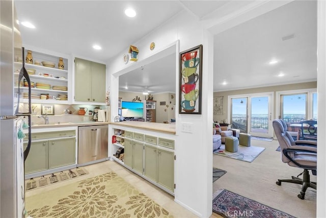 6309 Via Colinita, Rancho Palos Verdes, CA 90275 - kitchen featuring green cabinets, stainless steel dishwasher, light countertops, ornamental molding, and recessed lighting