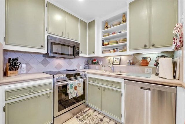 6309 Via Colinita, Rancho Palos Verdes, CA 90275 - kitchen featuring appliances with stainless steel finishes, a sink, light countertops, open shelves, and tasteful backsplash