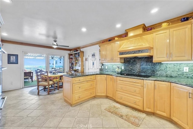 6309 Via Colinita, Rancho Palos Verdes, CA 90275 - kitchen with light brown cabinets, a peninsula, ornamental molding, backsplash, and dark stone countertops