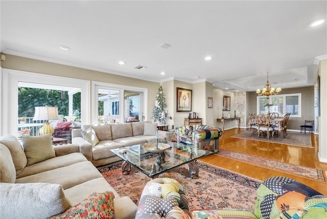 6309 Via Colinita, Rancho Palos Verdes, CA 90275 - living area with a chandelier, plenty of natural light, crown molding, wood finished floors, and recessed lighting