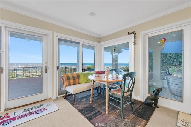 6309 Via Colinita, Rancho Palos Verdes, CA 90275 - sunroom featuring a water view, carpet, healthy amount of natural light, crown molding, and baseboards
