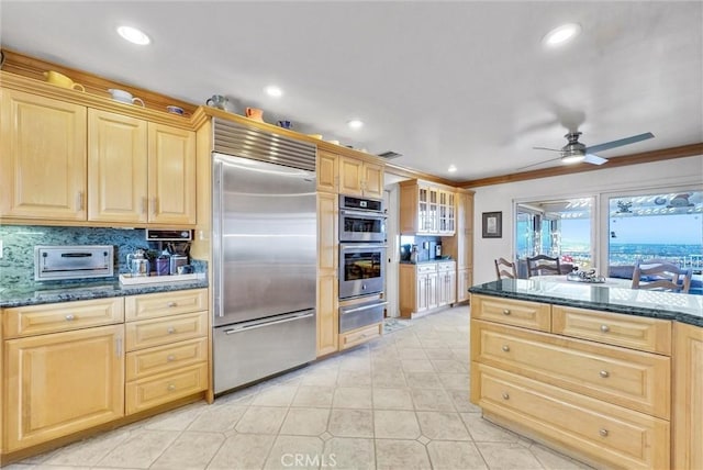 6309 Via Colinita, Rancho Palos Verdes, CA 90275 - kitchen featuring stainless steel appliances, a warming drawer, light brown cabinetry, a ceiling fan, and recessed lighting