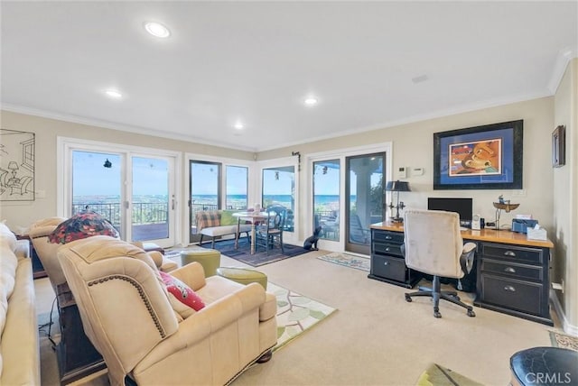 6309 Via Colinita, Rancho Palos Verdes, CA 90275 - office area with carpet flooring, crown molding, healthy amount of natural light, and recessed lighting