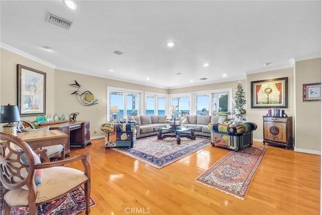 6309 Via Colinita, Rancho Palos Verdes, CA 90275 - living area with crown molding, light wood finished floors, baseboards, and recessed lighting