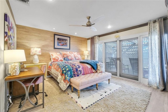 6309 Via Colinita, Rancho Palos Verdes, CA 90275 - bedroom with access to outside, wood walls, wood finished floors, recessed lighting, and a ceiling fan