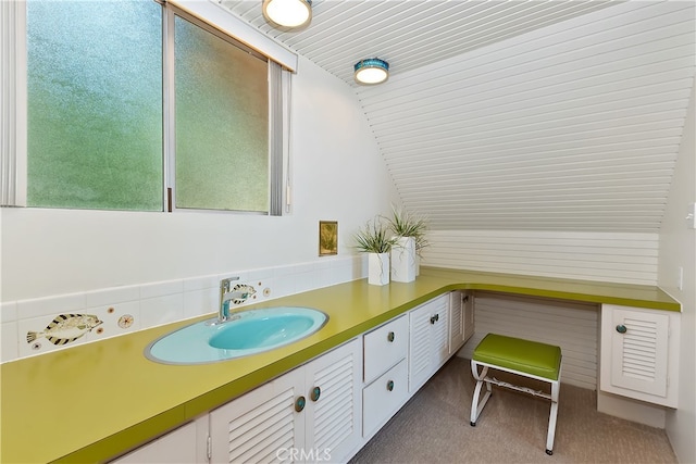 27280 Peninsula Dr, Lake Arrowhead, CA 92352 - bathroom with vaulted ceiling and vanity