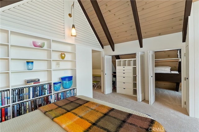 27280 Peninsula Dr, Lake Arrowhead, CA 92352 - carpeted bedroom featuring wood ceiling and multiple closets