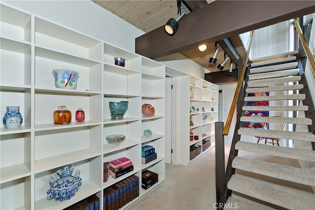 27280 Peninsula Dr, Lake Arrowhead, CA 92352 - stairs with carpet flooring and wood ceiling