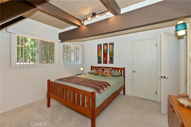27280 Peninsula Dr, Lake Arrowhead, CA 92352 - bedroom with light carpet and wood ceiling with exposed beams