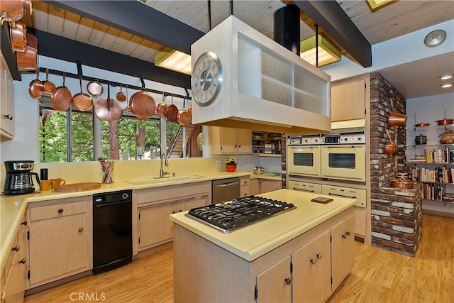 27280 Peninsula Dr, Lake Arrowhead, CA 92352 - kitchen featuring stainless steel appliances, a sink, light wood-style floors, wood ceiling with exposed beams, and light countertops