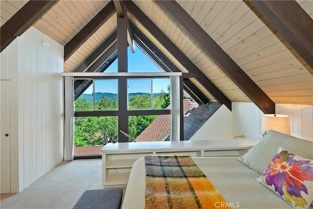 27280 Peninsula Dr, Lake Arrowhead, CA 92352 - bedroom with wooden ceiling, carpet flooring, and wood walls