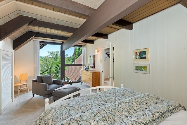 27280 Peninsula Dr, Lake Arrowhead, CA 92352 - carpeted bedroom with wooden ceiling with exposed beams