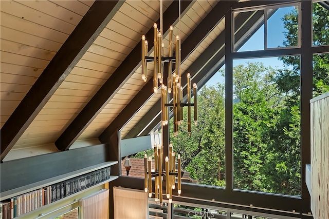 27280 Peninsula Dr, Lake Arrowhead, CA 92352 - detailed view of wooden ceiling with exposed beams and a chandelier