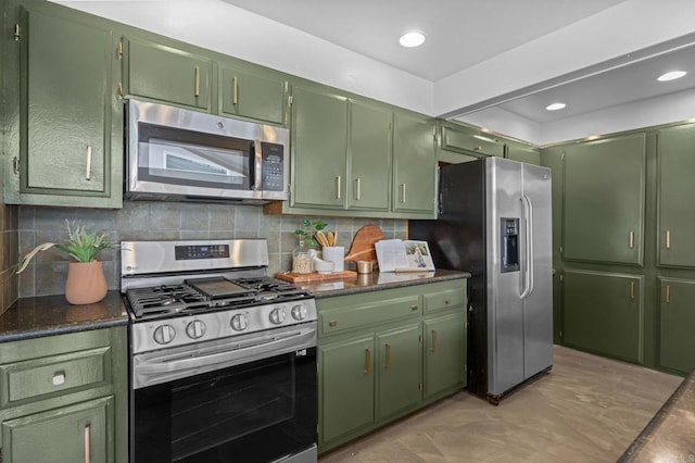 1918 S Freeman St, Oceanside, CA 92054 - kitchen featuring appliances with stainless steel finishes, green cabinets, decorative backsplash, and recessed lighting