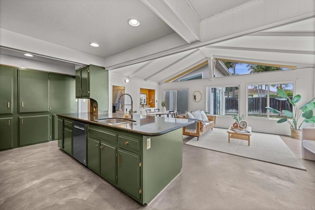 1918 S Freeman St, Oceanside, CA 92054 - kitchen with green cabinets, concrete flooring, dishwasher, open floor plan, and recessed lighting