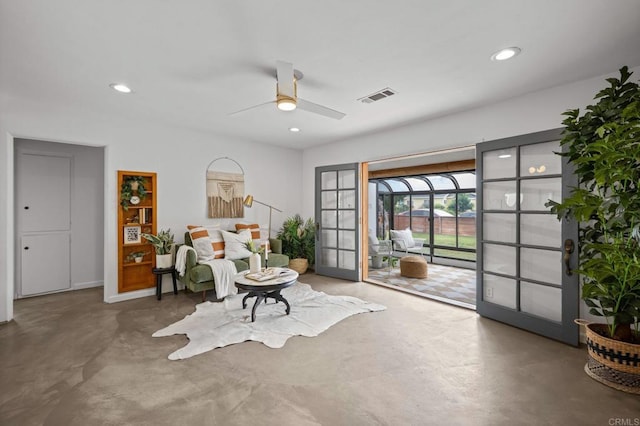 1918 S Freeman St, Oceanside, CA 92054 - living area featuring a ceiling fan, finished concrete floors, recessed lighting, and french doors