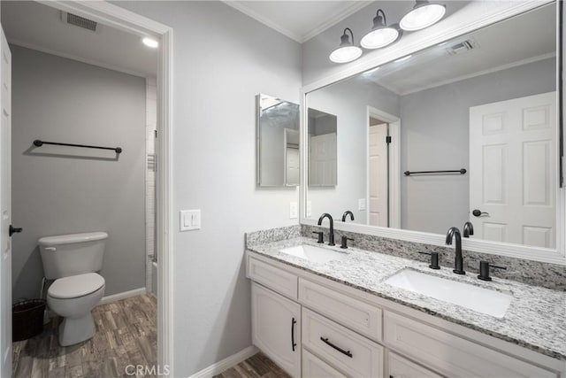 45740 Verba Santa Dr, Palm Desert, CA 92260 - full bathroom with wood finished floors, double vanity, and crown molding