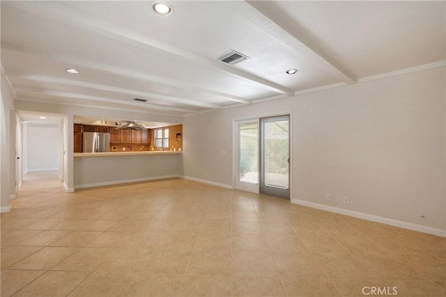 45740 Verba Santa Dr, Palm Desert, CA 92260 - unfurnished living room with beam ceiling, light tile patterned floors, and recessed lighting