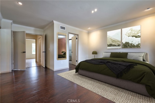 4163 Alma Ct, Chino, CA 91710 - bedroom featuring dark wood-style floors, ornamental molding, and recessed lighting