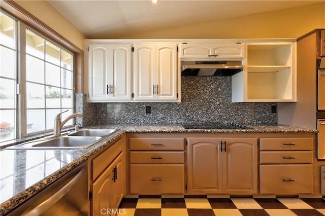 4163 Alma Ct, Chino, CA 91710 - kitchen featuring dishwasher, under cabinet range hood, tile patterned floors, tasteful backsplash, and vaulted ceiling