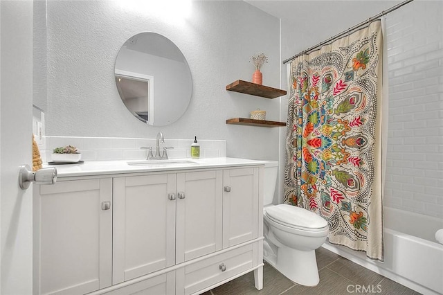 22784 Wren St, Grand Terrace, CA 92313 - bathroom featuring vanity, toilet, shower / tub combo with curtain, and tile patterned floors